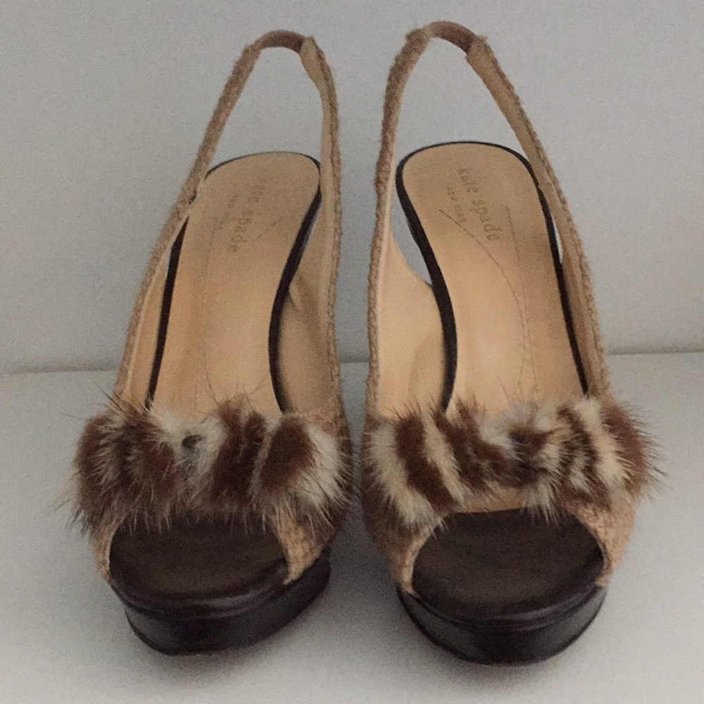 Kate Spade fur/tweed peep toe sling back heels